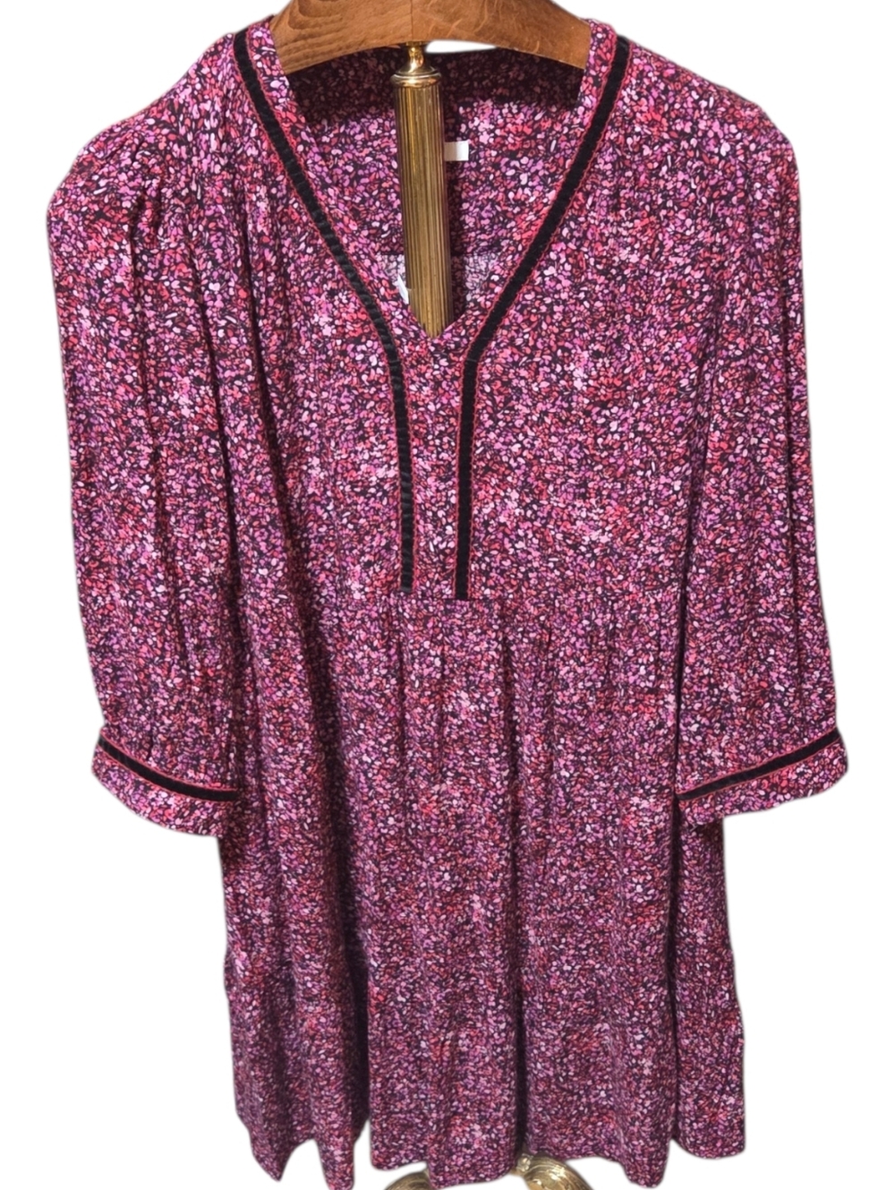 J. Jill Floral Velvet Trim Babydoll Flounce Hem Dress Pink Red Size Medium New! - Picture 2 of 9